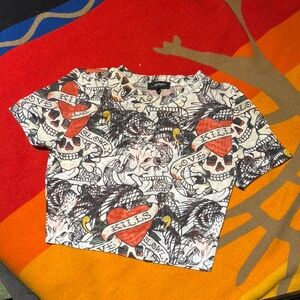 Ed Hardy Black and Red Crop Top Skull Graphic
